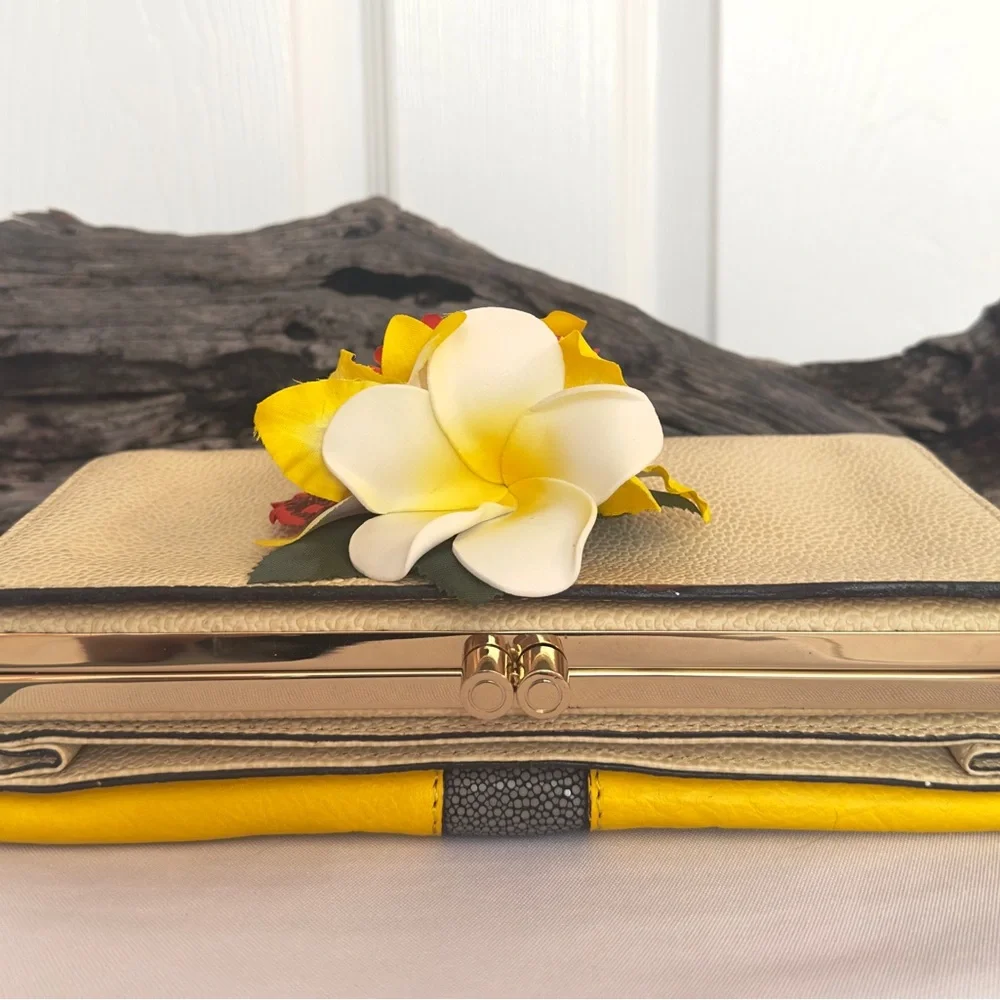 REBECCA MINKOFF ~ Cream Clutch w/Yellow and Gray Accents Gold Toned Hardware